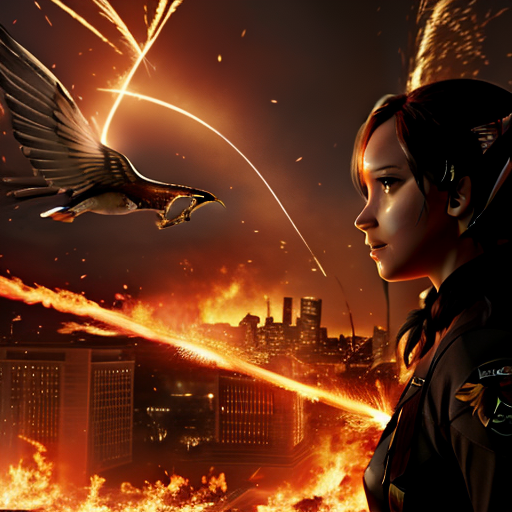 A visual of Katniss handing over the symbolic Mockingjay pin to the leaders of the city-states, her figure receding into the background, while the city-states, vibrant and diverse, rise from the ashes of the old Panem under a sky painted with the hues of a new dawn.